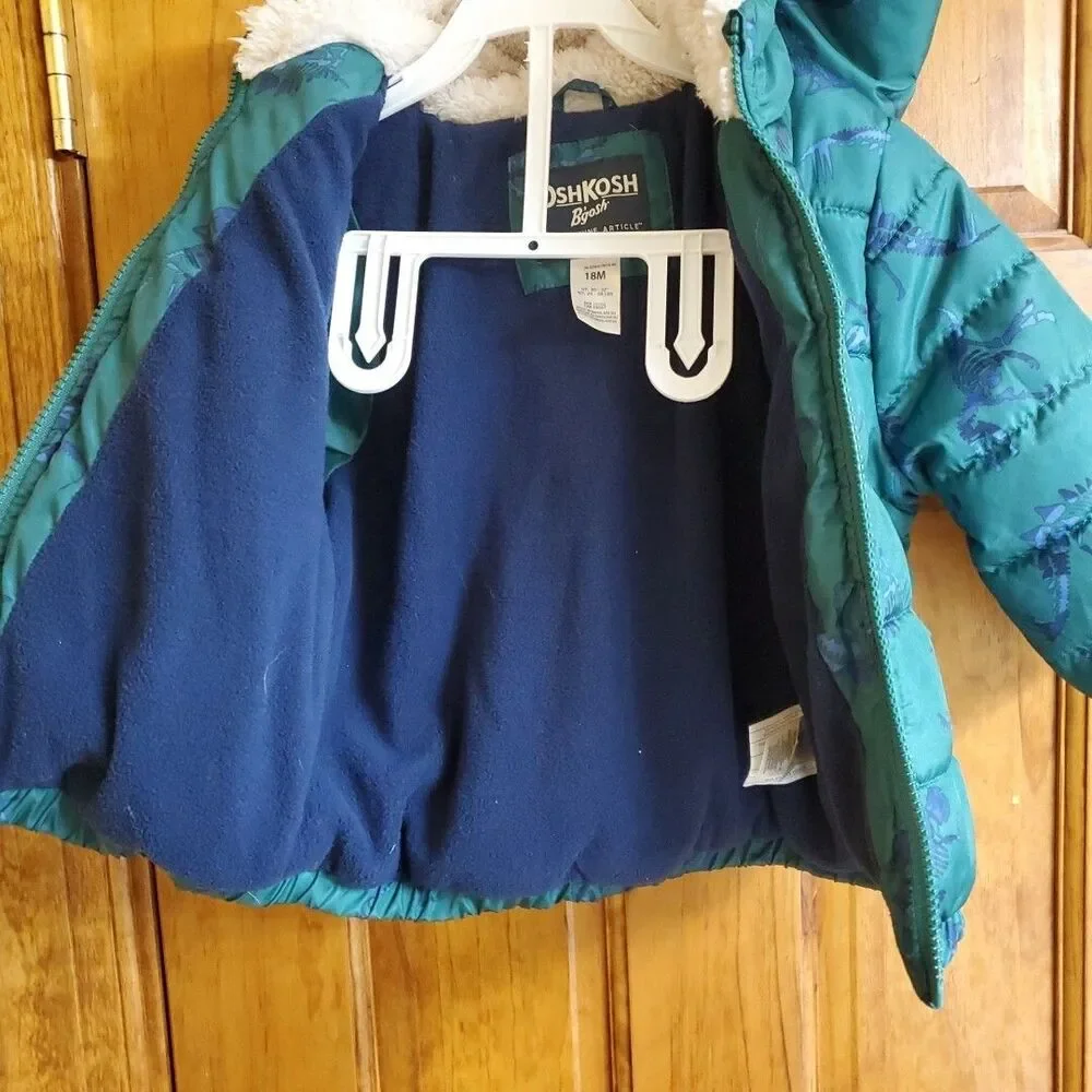 OshKosh B'gosh 18M Puffer Jacket Toddler Boys Teal Dinosaur Skeleton Hooded Coat